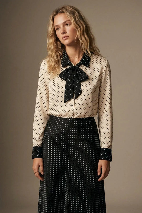 Cream Polka-Dot Lightweight satin black Contrast Tie Neck Blouse Shirt
