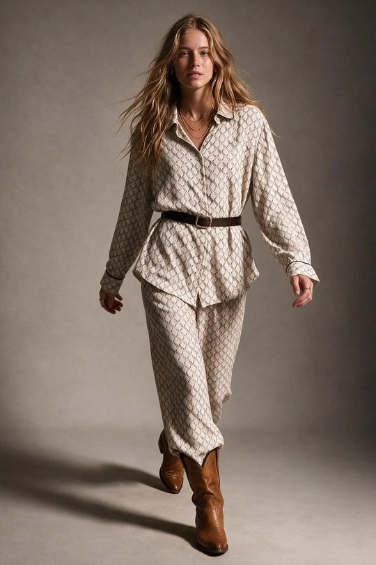 Cream Horse Print Lightweight Woven Piped Belted Shirt