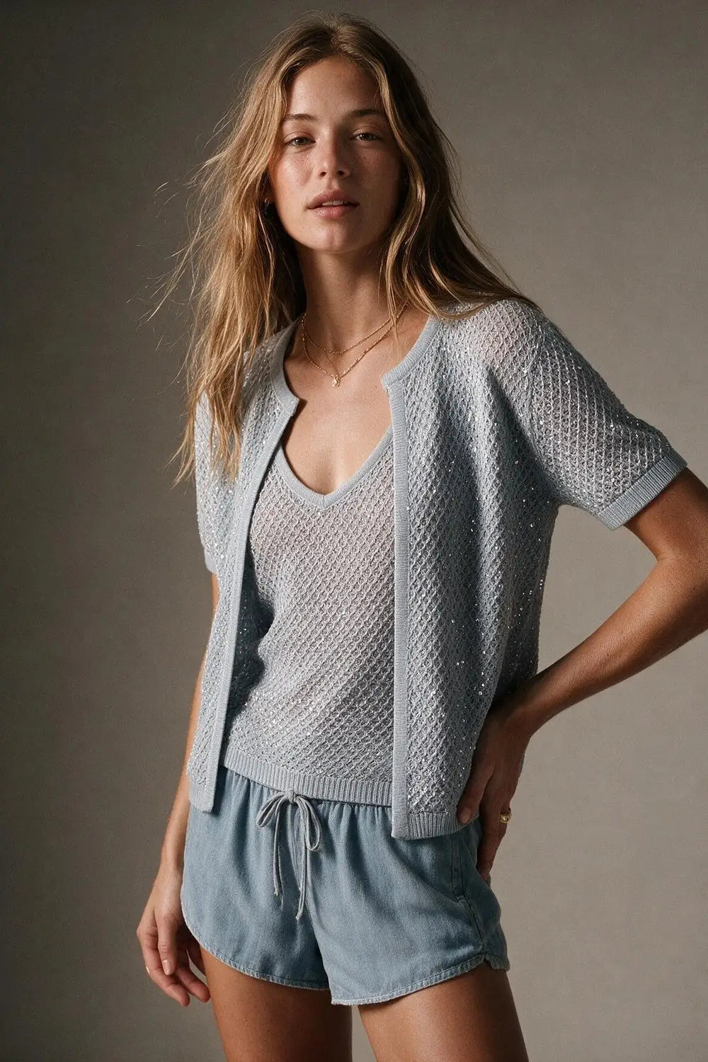 Light Blue Sequined Pointelle Short Sleeve Cardigan
