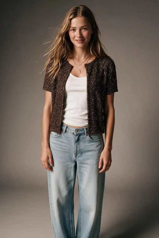 Brown Sequined Soft Knit Ribbed Trim Short Sleeve Cardigan