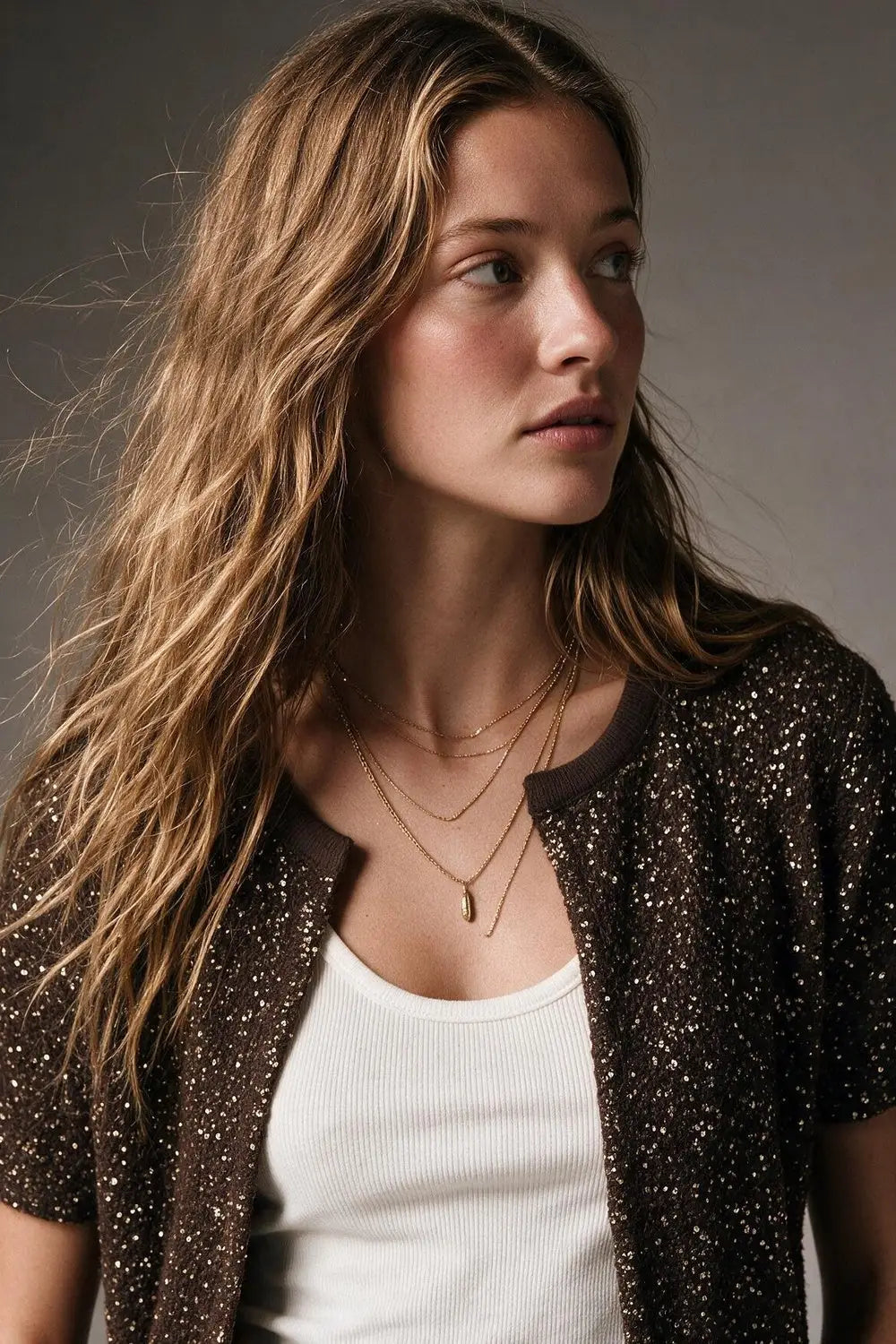 Brown Sequined Soft Knit Ribbed Trim Short Sleeve Cardigan