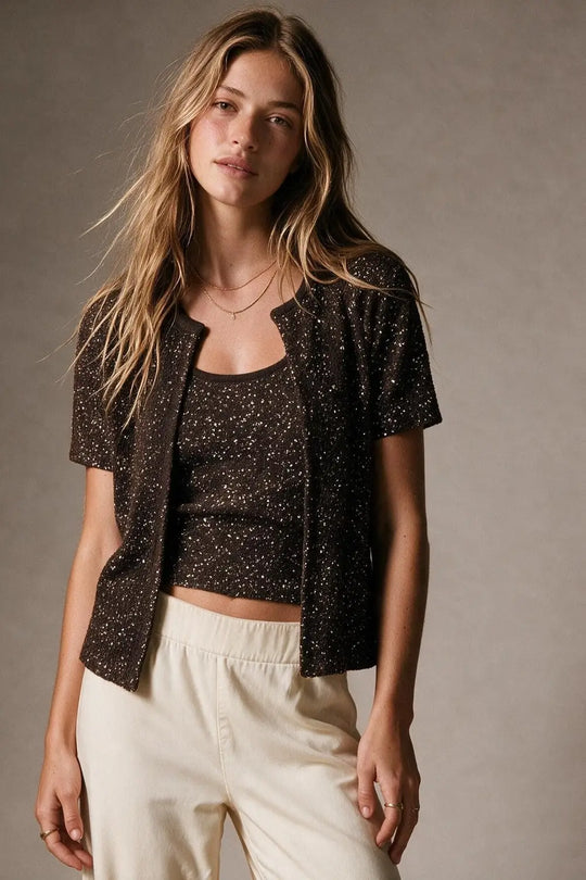 Brown Sequined Soft Knit Ribbed Trim Short Sleeve Cardigan