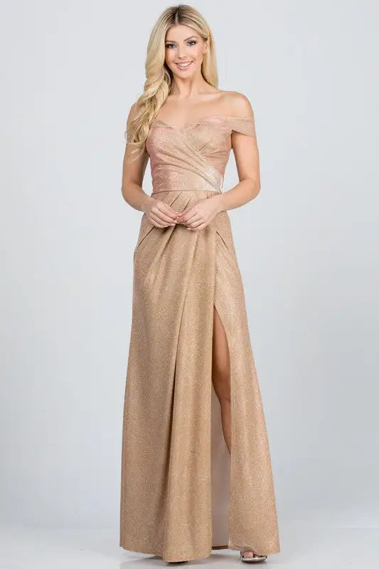 Off the Shoulder Glittery Jacquard Dress - Champagne / L