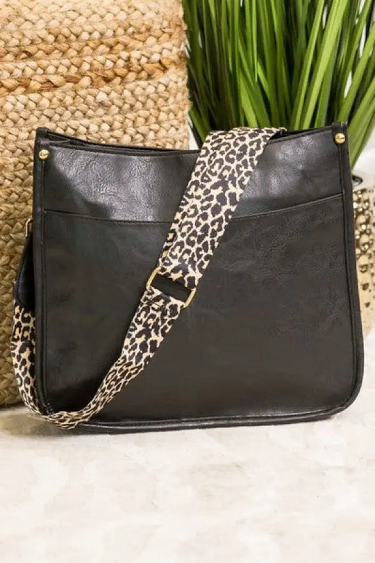 Crossbody Handbag With Leopard Animal Strap - Black / 1