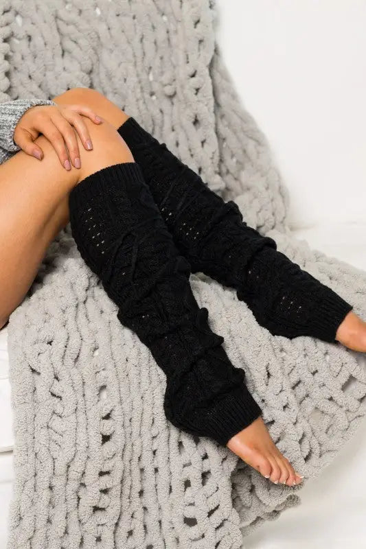 Cable Knit Long Tie Leg Warmer - Black / OneSize
