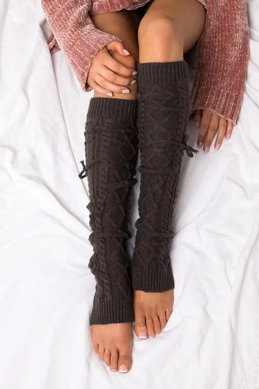 Cable Knit Long Tie Leg Warmer - Charcoal / OneSize