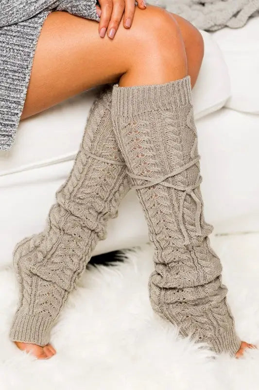 Cable Knit Long Tie Leg Warmer - Gray / OneSize