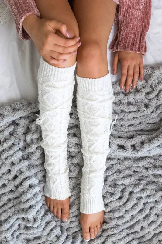 Cable Knit Long Tie Leg Warmer - Ivory / OneSize