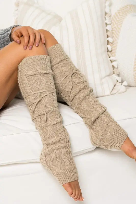 Cable Knit Long Tie Leg Warmer - Beige / OneSize