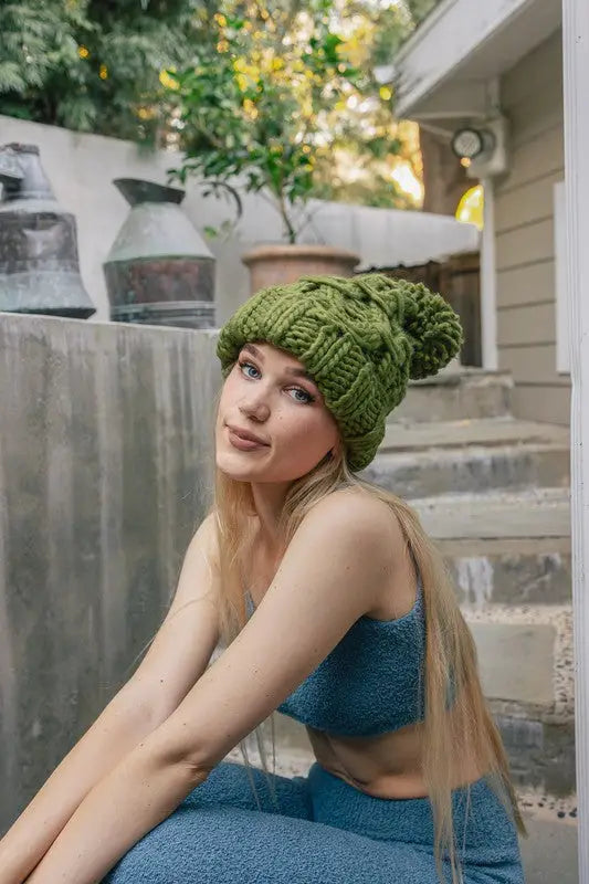 Oversized Chunky Knit Pom Beanie - Olive / One Size