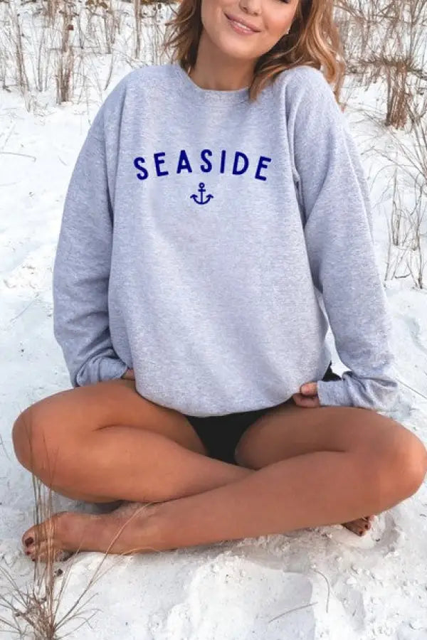Seaside with Anchor CrewNeck Sweatshirt - Grey / L