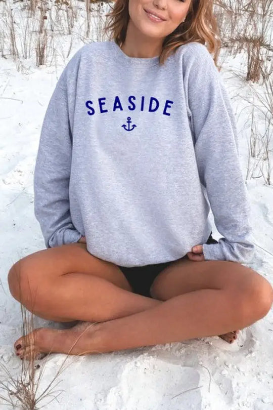 Seaside with Anchor CrewNeck Sweatshirt - Grey / L