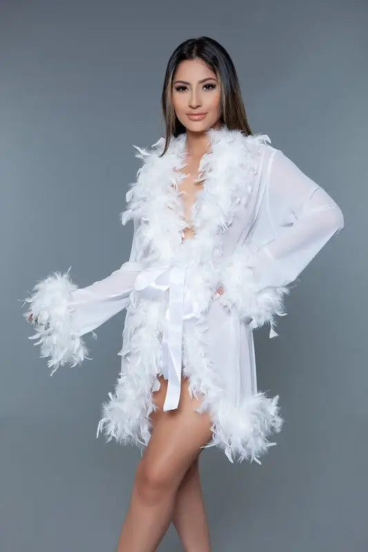 Lux Feather Trim Robe *More Colors - White / OS