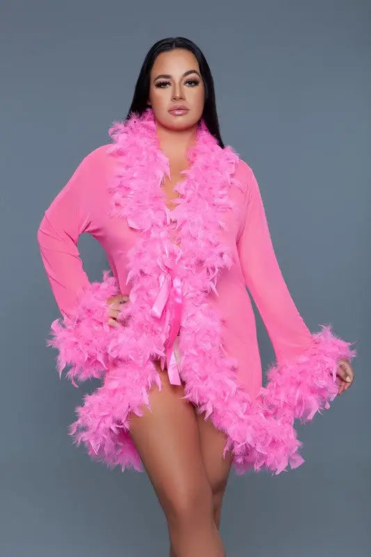 Lux Feather Trim Robe *More Colors - Neon Pink / OS