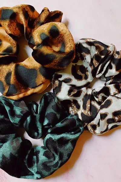 Leopard Satin Scrunch Set Of 3 - Leopard / OS