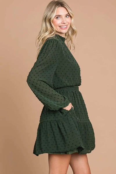 Dark Olive Swiss Dot Mini Dress with Pockets - Dresses