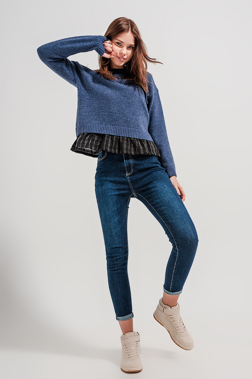 2 in 1 jumper with shirt underlay in navy