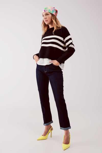 2 in 1 Striped sweater with shirt underlay in black