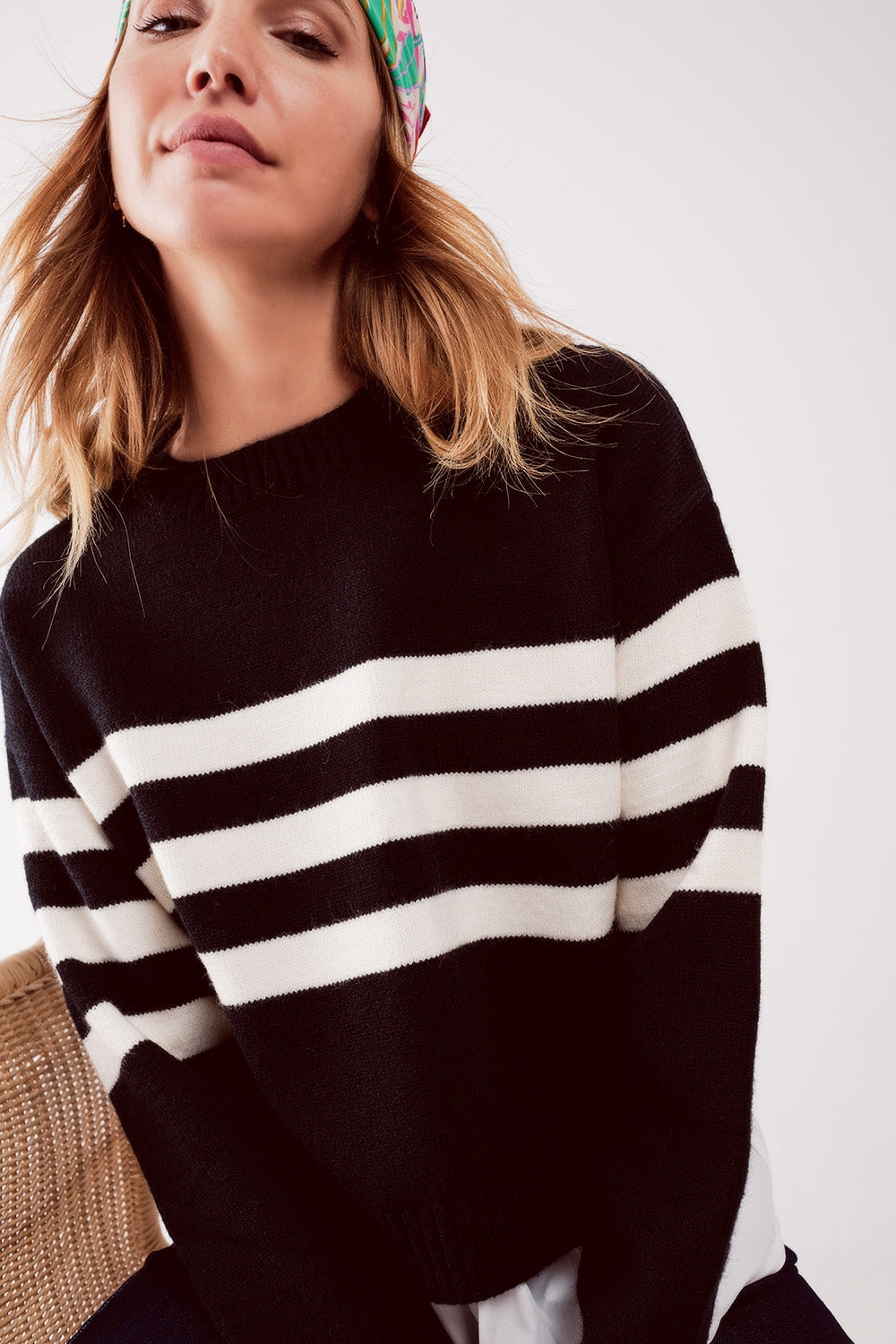2 in 1 Striped sweater with shirt underlay in black