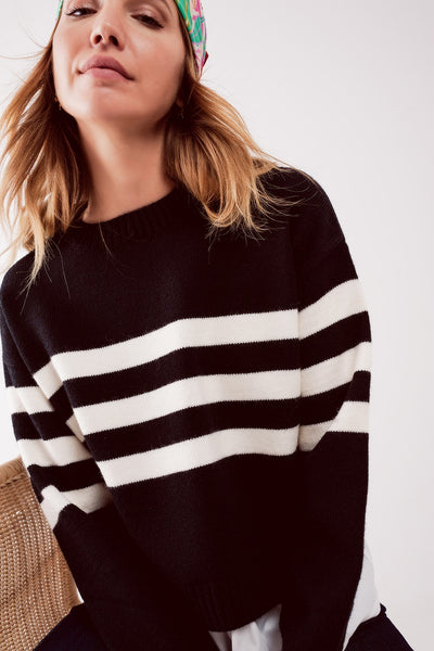 2 in 1 Striped sweater with shirt underlay in black