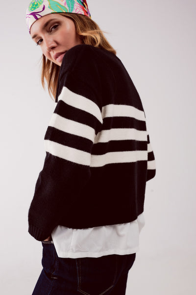 2 in 1 Striped sweater with shirt underlay in black