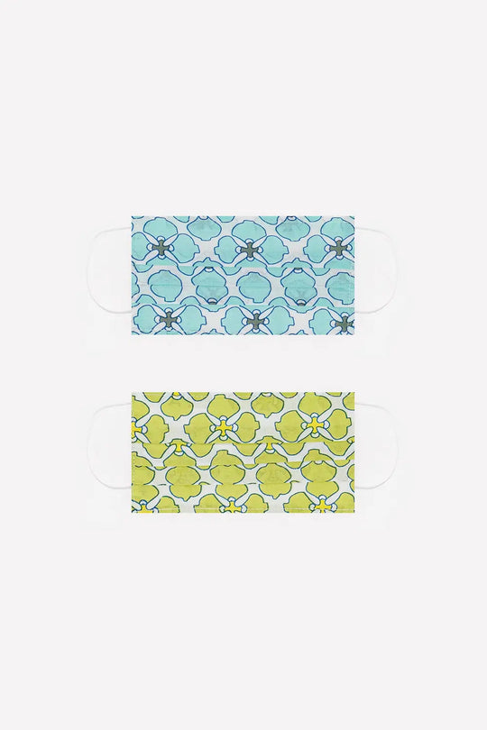 Q2 2 PACK Masque coton organique imprimé fleurs en vert et turquoise