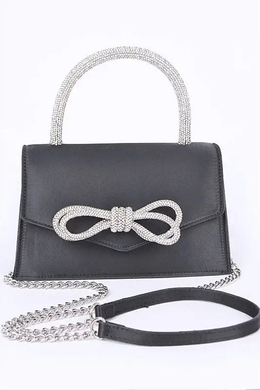 Rhinestone Bow Accent Top Handle Swing Clutch Bag - Black / O/S