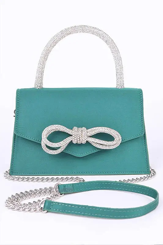 Rhinestone Bow Accent Top Handle Swing Clutch Bag - Green / O/S