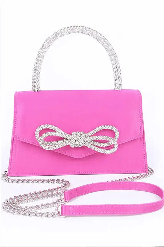 Rhinestone Bow Accent Top Handle Swing Clutch Bag - Fuchsia / O/S