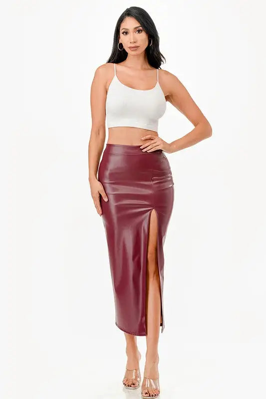 Faux Leather Pencil Skirt *More Colors - Burgundy / S