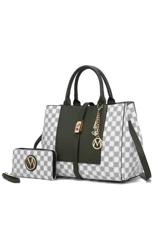 Yuliana Circular Print Satchel Bag with Wallet - Olive / One Size