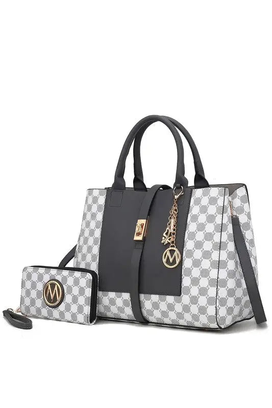 Yuliana Circular Print Satchel Bag with Wallet - Charcoal / One Size