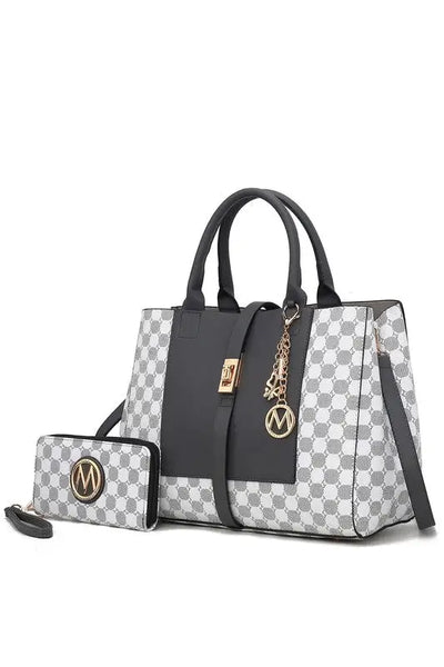 Yuliana Circular Print Satchel Bag with Wallet - Charcoal / One Size