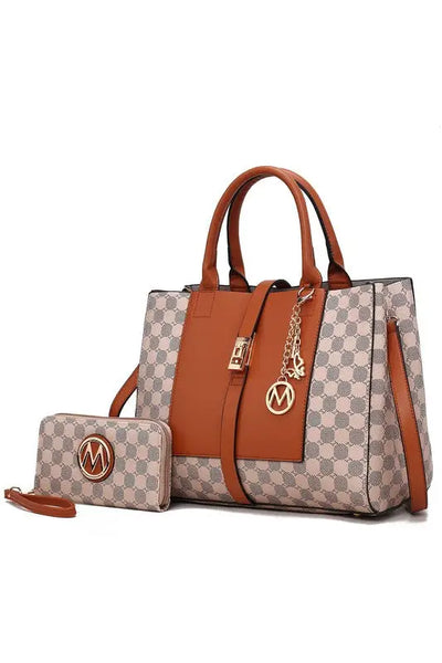 Yuliana Circular Print Satchel Bag with Wallet - Cognac Brown / One Size