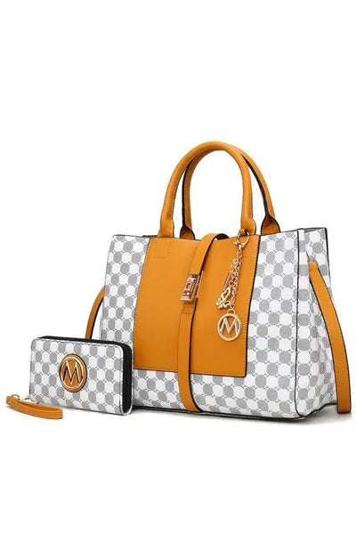 Yuliana Circular Print Satchel Bag with Wallet - Mustard / One Size