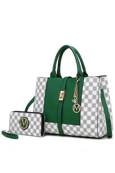 Yuliana Circular Print Satchel Bag with Wallet - Green / One Size