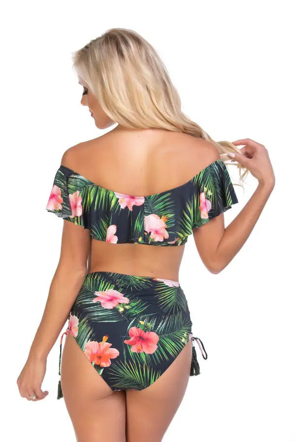 BLACK TROPICAL RUFFLED OFF THE SHOULDER BIKINI SET - Bikini