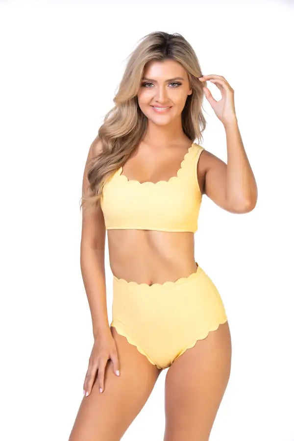 SOLID YELLOW TEXTURED SCALLOP HIGH WAIST BIKINI SET - S - Bikini