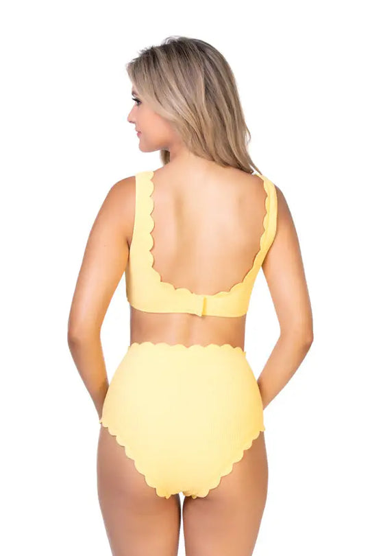 SOLID YELLOW TEXTURED SCALLOP HIGH WAIST BIKINI SET - Bikini