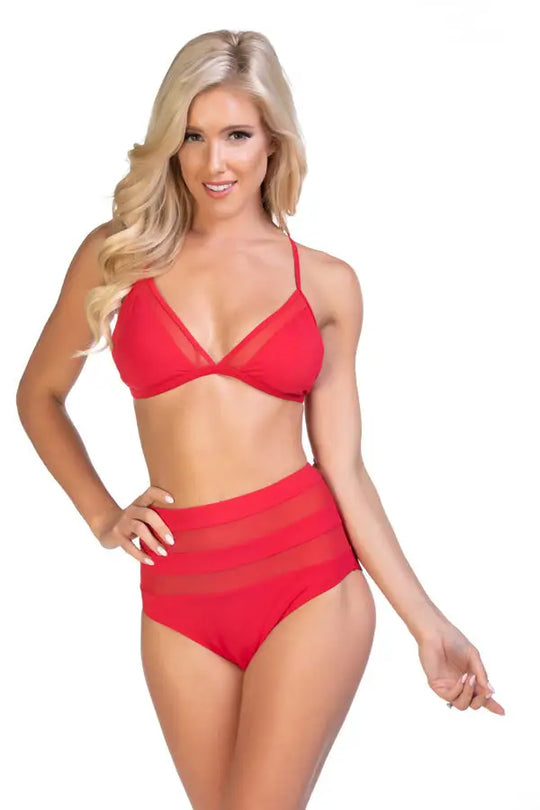 SOLID RED MESH HALTER HIGH WAIST BIKINI SET - S - Bikini