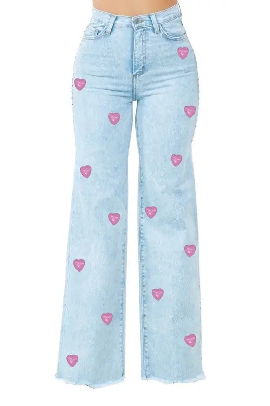Brooklyn Wide Leg Jean with Hearts - Light Wash / 3