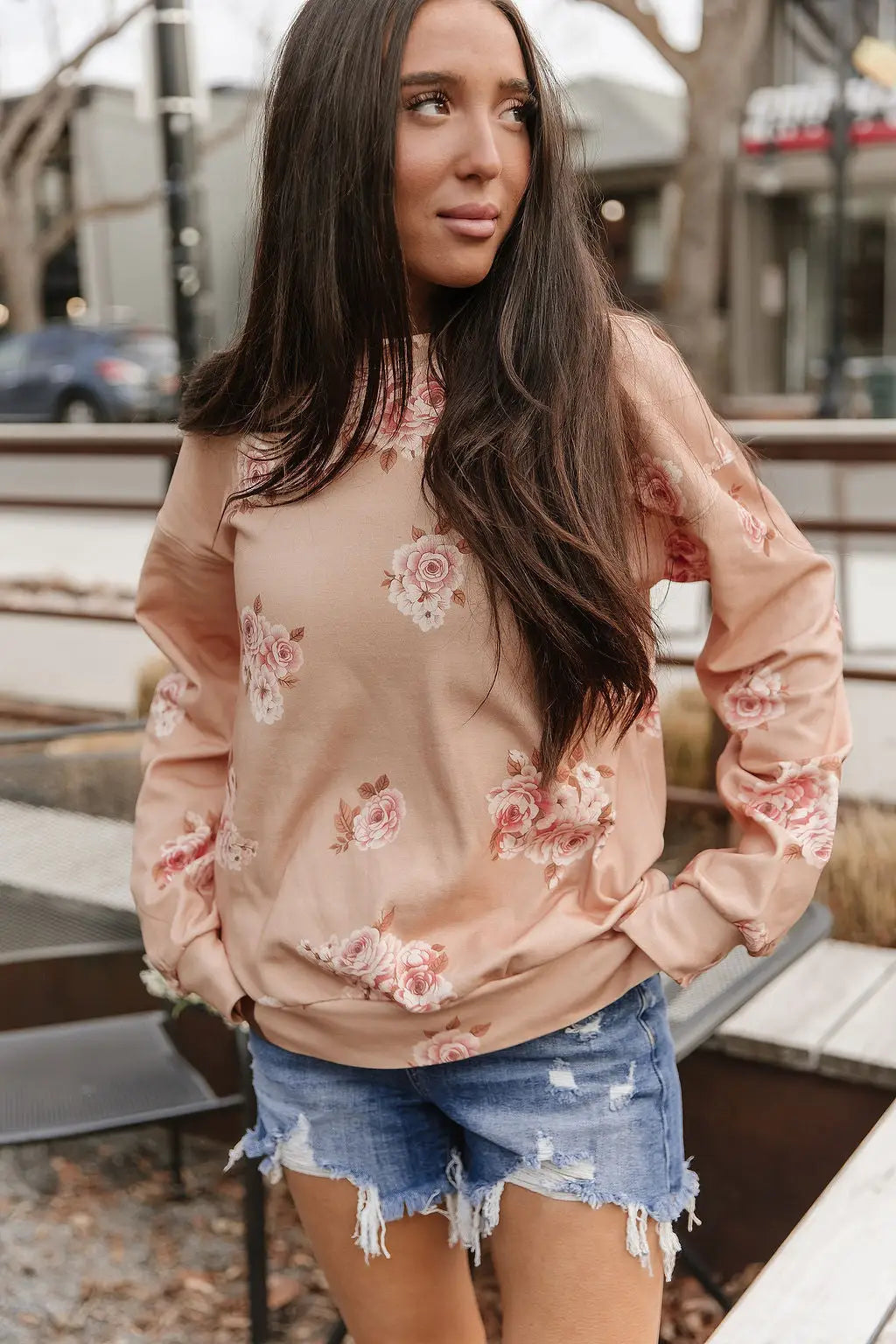 University SideSlit Pullover - Peachy Petals - Tops