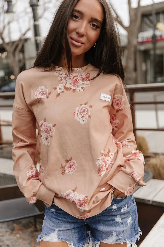 University SideSlit Pullover - Peachy Petals - Tops
