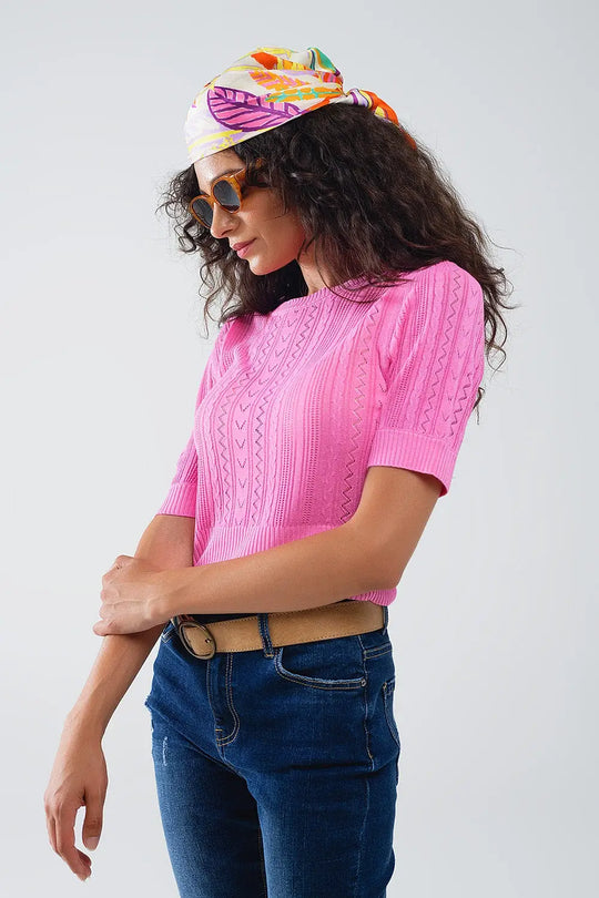 3/4 sleeves fuchsia knit sweater with zig zag stripes details - One Size / Fuchsia - Sweaters