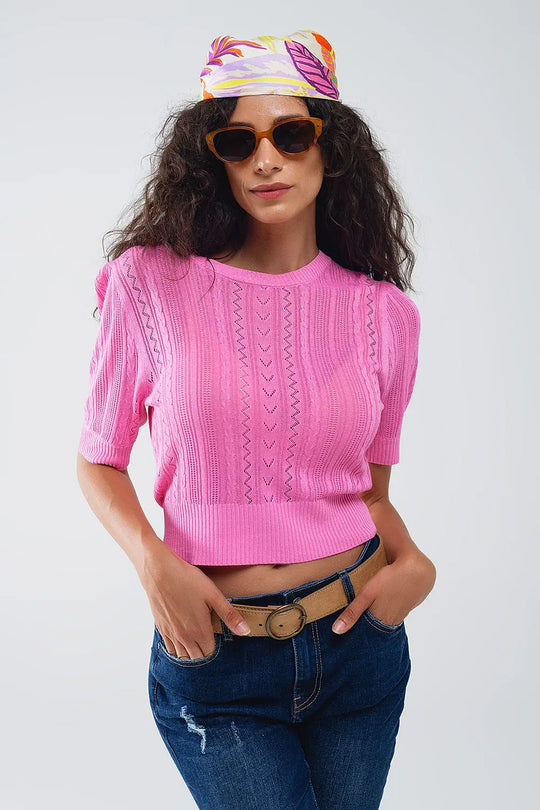 3/4 sleeves fuchsia knit sweater with zig zag stripes details - One Size / Fuchsia - Sweaters