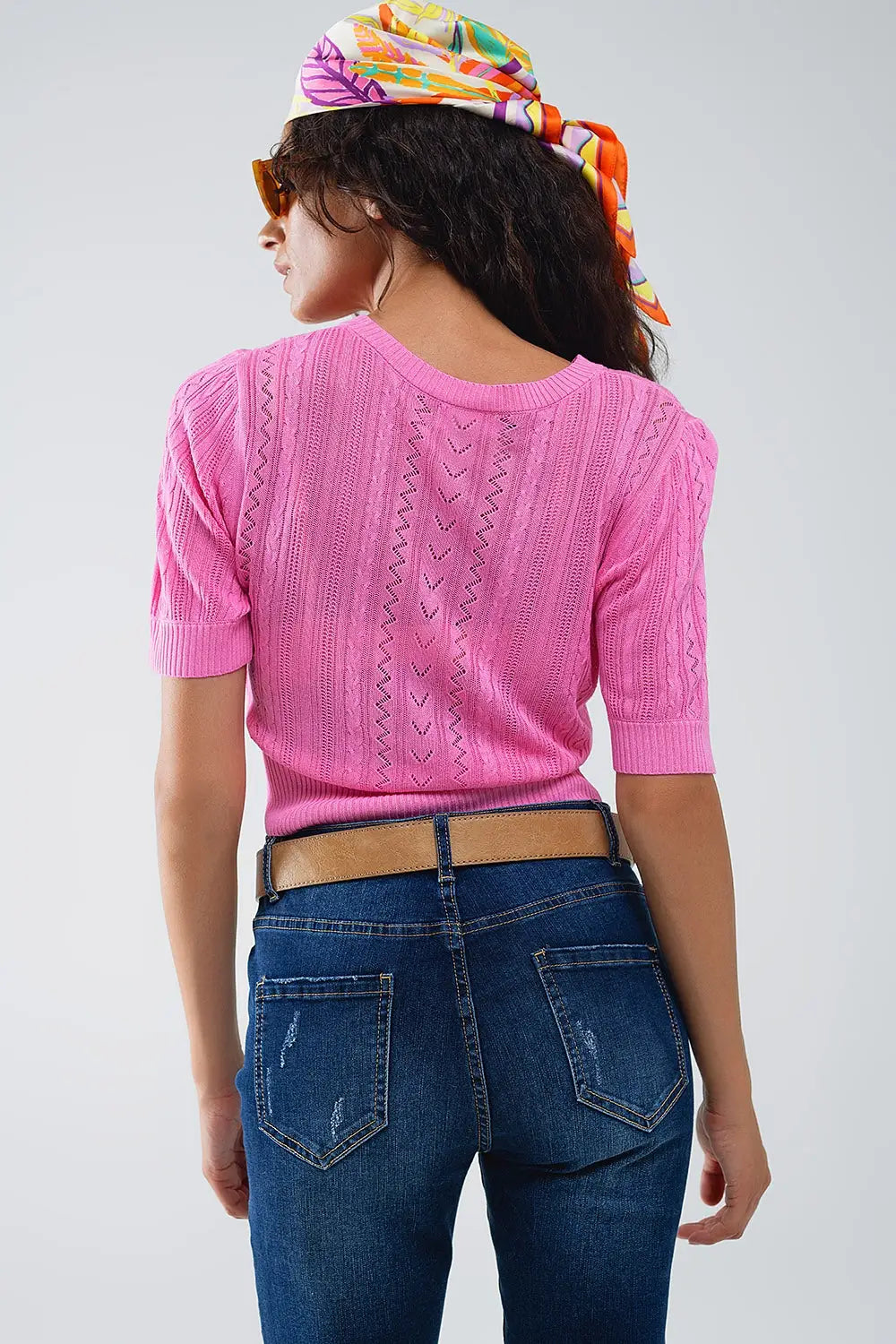 3/4 sleeves fuchsia knit sweater with zig zag stripes details - One Size / Fuchsia - Sweaters