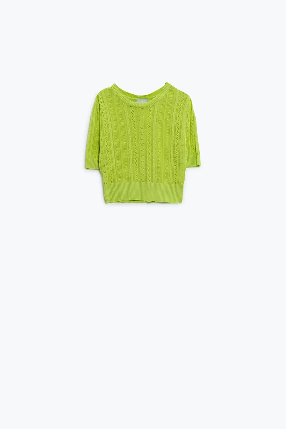3/4 sleeves green knit sweater with zig zag stripes details - One Size / Yellow - Sweaters