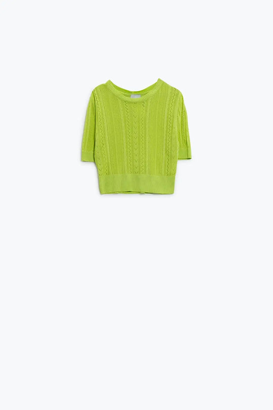 3/4 sleeves green knit sweater with zig zag stripes details - One Size / Yellow - Sweaters