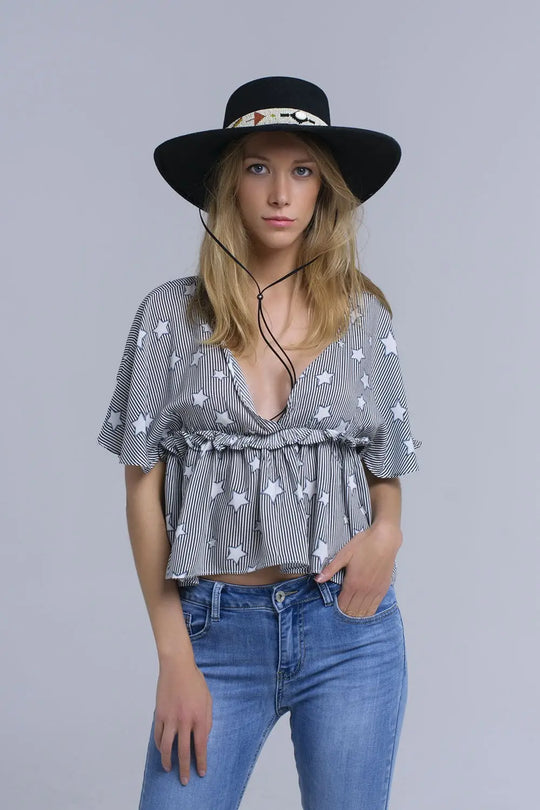 Black top with stars and ruffle - Tops