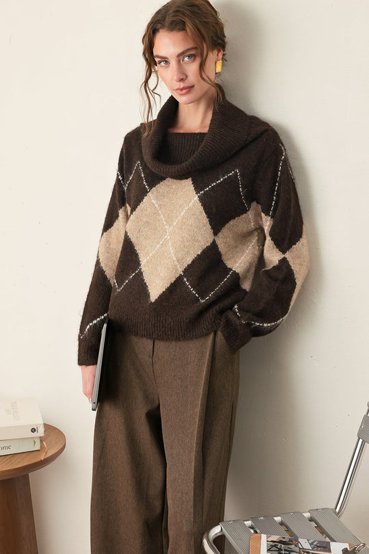 COZY MOMENTS BROWN ARGYLE COWL NECK SWEATER